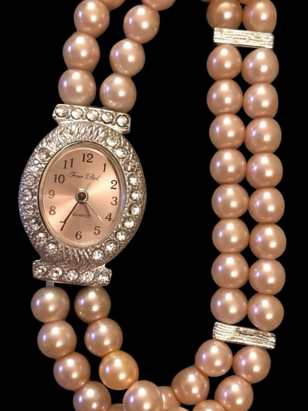 Fred Belay “Pink Pearl Watch” Analog Wristwatch Stretchy Band Bangle Bracelet